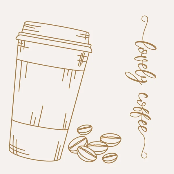 Manifesto Bianco Con Chicchi Caffè Una Tazza Plastica Illustrazione Vettoriale — Vettoriale Stock