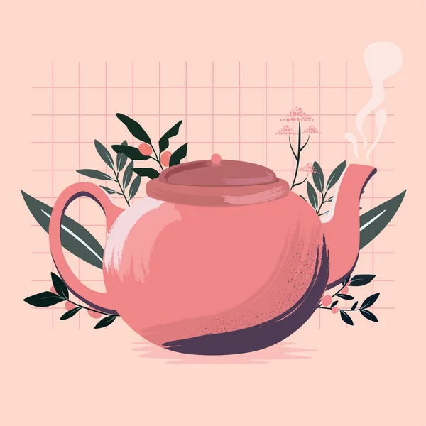 Изолированный Цветной Чайник Окружении Листьев Векторная Иллюстрация — стоковый вектор