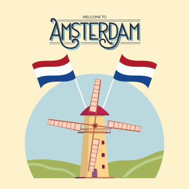 Hollanda Vektör illüstrasyonlu bir çift bayraklı yel değirmeni simgesi.