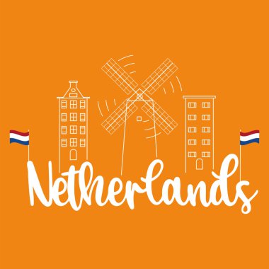 Hollanda 'dan bir şehrin ana hatları. Yel değirmeni şeklindeki Vektör illüstrasyonuna sahip.