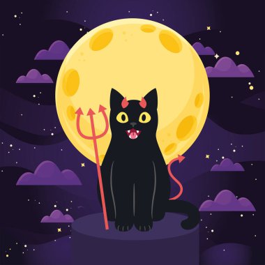 Şeytani cadılar bayramı kostümlü münzevi şirin kedi Vektör çizimi