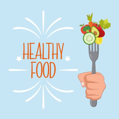 Elinizde sebzeli ve meyveli bir çatal var. Sağlıklı besin konsepti.