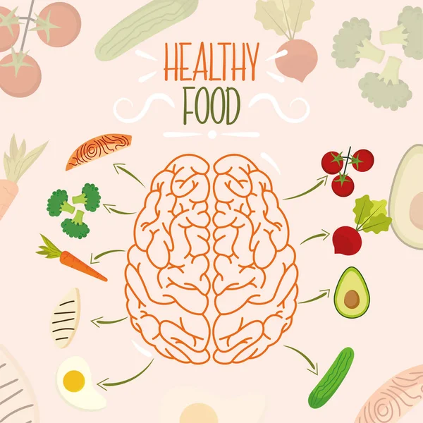 Gezonde Voeding Concept Poster Met Hersenen Groenten Vector Illustratie — Stockvector