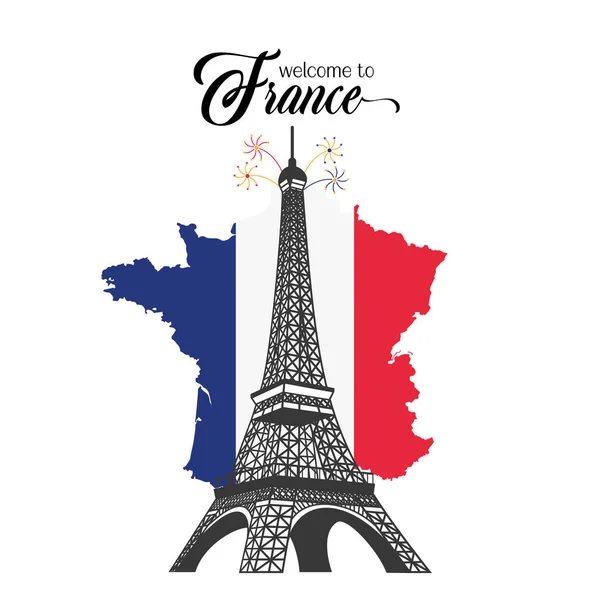 Torre Eiffel Aislada Francia Mapa Con Bandera Vector Ilustración — Vector de stock