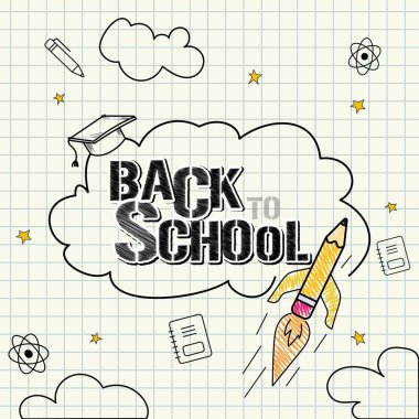 Metin ve kalem roketi illüstrasyonuyla okul kâğıdına geri dön