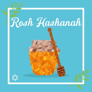 Bal küpü ve bal çubuklu Rosh hashanah posteri Düşük polimerli Vektör illüstrasyonu