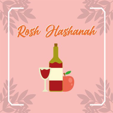 Şarap şişesi ve elma vektörü illüstrasyonlu Rosh hashanah renkli poster