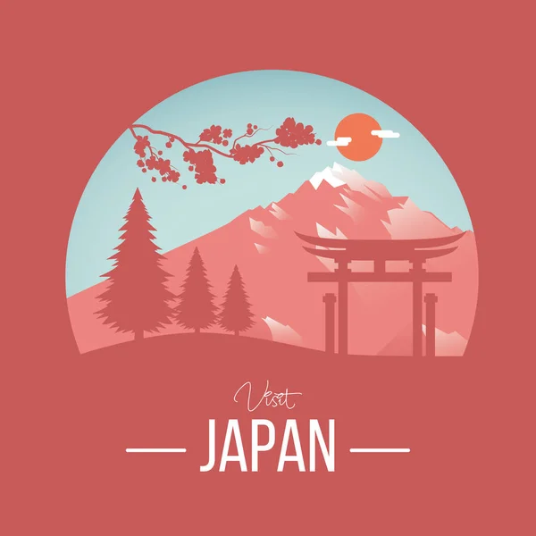 Традиційний Червоний Сучасний Японський Пейзаж Векторні Ілюстрації — стоковий вектор