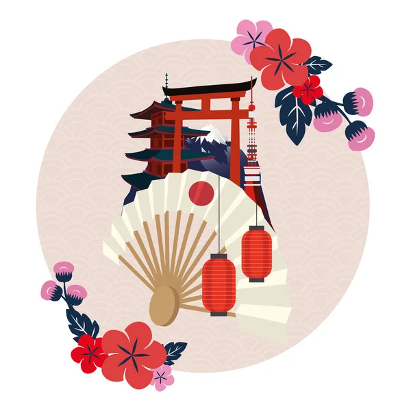 Кольорові Традиційні Японські Сучасні Сцени Будівлі Векторні Ілюстрації — стоковий вектор