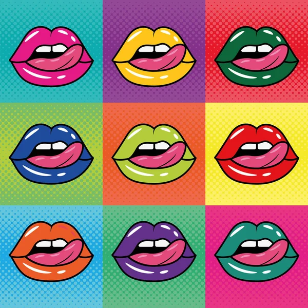 Renkli Pop Sanatının Komik Dudaklar Koleksiyonu Vektör Illüstrasyonu — Stok Vektör