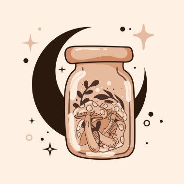 Kavanozdaki sihirli mantar çizimi Tarot stili illüstrasyon