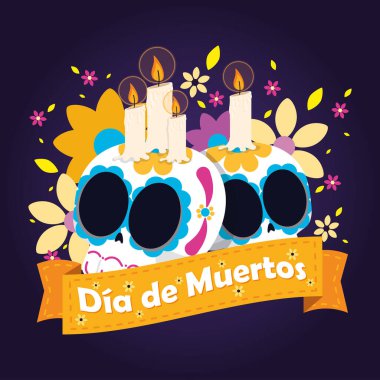 Dia de los muertos arka planda bir çift kurukafa Vektör illüstrasyonuyla