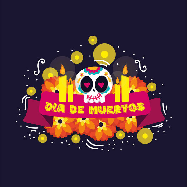 Dia de los muertos banner with flowers and a skull Vector illustration