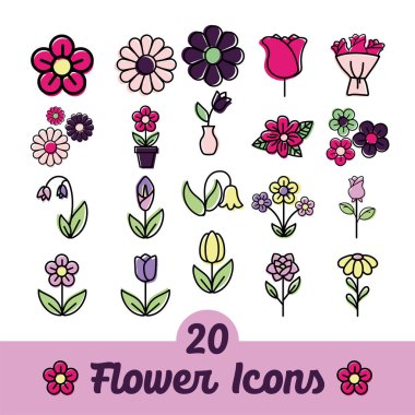 Renkli çiçek simgeleri kümesi Vektör illüstrasyonu