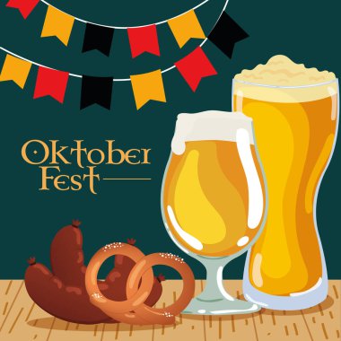 Bira bardakları simit ve sosis Oktoberfest poster illüstrasyonu