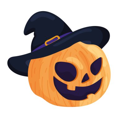 Şirin oyulmuş Cadılar Bayramı kabağı ve cadı şapkası Vektör illüstrasyonu.