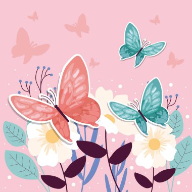 Çiçeklerin üzerindeki renkli kelebek İlkbahar Vektör illüstrasyonu