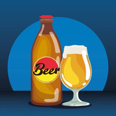İzole edilmiş bira şişesi ve köpük taşıyıcı illüstrasyonlu cam.