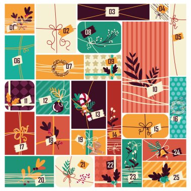 Paketli renkli hediyeli Noel takvimi Vektör illüstrasyonu