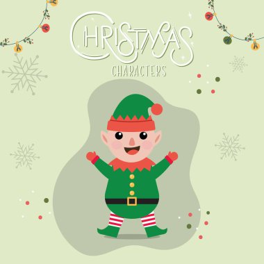 Elf çizgi filmi kawaii Noel karakterleri Vektör illüstrasyonu