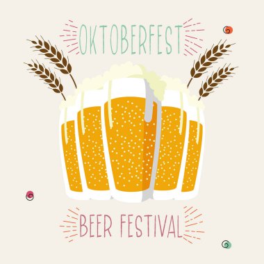 Köpüklü bira bardakları grubu Oktoberfest festivali poster illüstrasyonu