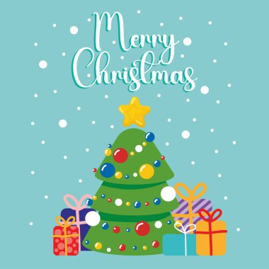 Noel ağacı ve vektör illüstrasyonlu Noel kartı