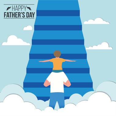 Sevimli baba karakteri ve oğlu üst kata çıkıyor. Vektör illüstrasyonunun Babalar Günü şablonu kutlu olsun.