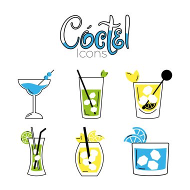 Kokteyl simgeleri Renkli taslak Vektör illüstrasyonunu Ayarla