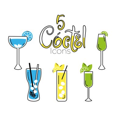 Kokteyl simgeleri Renkli taslak Vektör illüstrasyonunu Ayarla