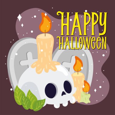 Kafatası ve mezar taşı Mutlu Cadılar Bayramı poster illüstrasyonları