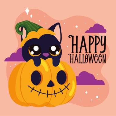 Cadı kedi ve balkabağı Mutlu Cadılar Bayramı poster illüstrasyonları