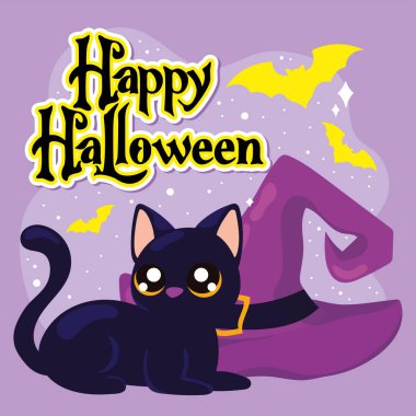 Cadı kedi Mutlu Cadılar Bayramı poster illüstrasyonu