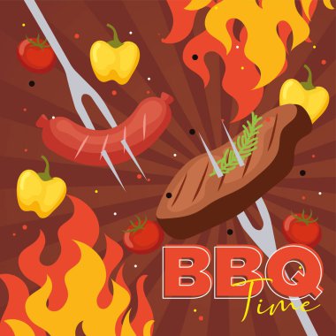 bir parça et ve sosis BBQ poster vektörü çizimi