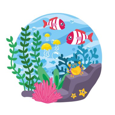 Sevimli balıklar denizanası ve yengeçlerle renkli okyanus sahnesinde yüzüyor.