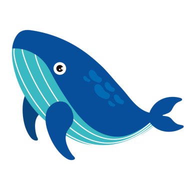 Çizgili göbeği ve çizgi film stili Vektör çiziminde büyük gözleri olan sevimli mavi balina.