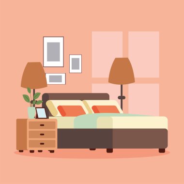 Çift kişilik yataklı, komodinli rahat bir yatak odası ve rahat bir dekorasyon olan Vektör illüstrasyonu.