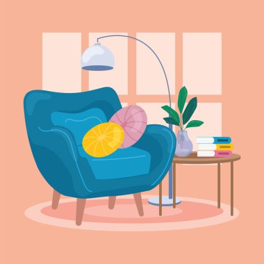 Rahat bir okuma köşesi mavi bir koltuk, kitaplar ve kapalı bir bitki ile rahat bir uzay vektörü illüstrasyonu