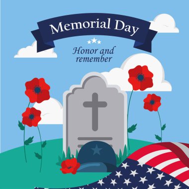 Haşhaş, Amerikan bayrağı ve miğferli düz stil Vektör illüstrasyonlu Anma Günü mezar taşı