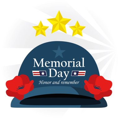 Üç yıldızlı Anma Günü miğferi ve düz tasarım Vektör illüstrasyonunda haşhaş.