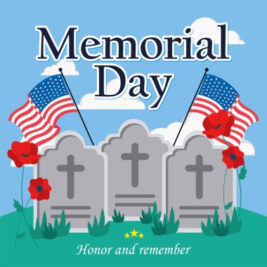 Haşhaş ve Amerikan bayrağı düz stil Vektör illüstrasyonlu Anma Günü mezar taşları