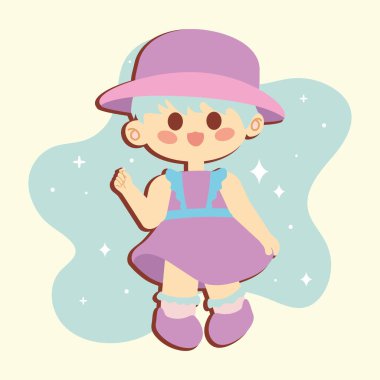 Elbiseli, mutlu bir şekilde gülümseyen sevimli çizgi film kızı.