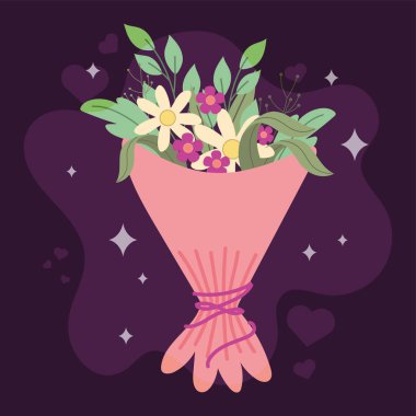 Koyu mor arkaplan vektör çiziminde yeşil yapraklı canlı çiçek buketi