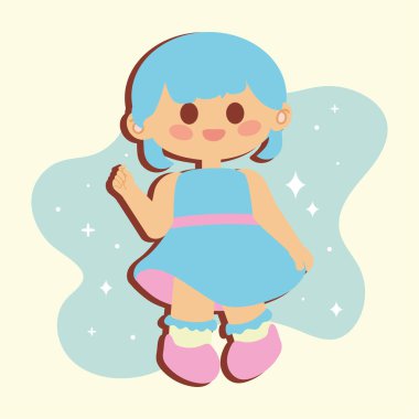 Elbiseli, mutlu bir şekilde gülümseyen sevimli çizgi film kızı.