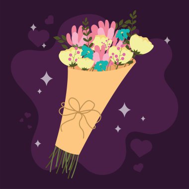 Koyu mor arkaplan vektör çiziminde yeşil yapraklı canlı çiçek buketi