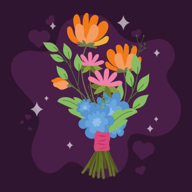 Koyu mor arkaplan vektör çiziminde yeşil yapraklı canlı çiçek buketi