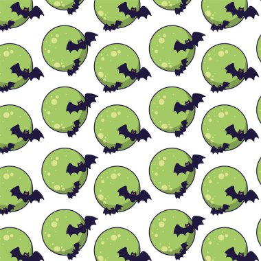 Yeşil dolunay etrafında uçan yarasaların Cadılar Bayramı deseni, ürkütücü tasarım Vektör çizimi