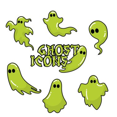 Collection of green slime-style ghost icons with playful designs and black eyes, Vector illustration clipart