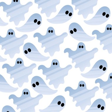 Cadılar Bayramı temalı dekorasyonlar için mavi hayalet karakterli kusursuz desen, Vektör illüstrasyonu