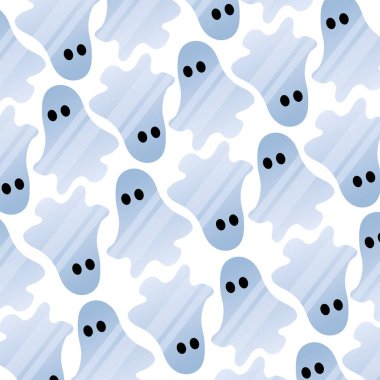 Cadılar Bayramı temalı dekorasyonlar için mavi hayalet karakterli kusursuz desen, Vektör illüstrasyonu