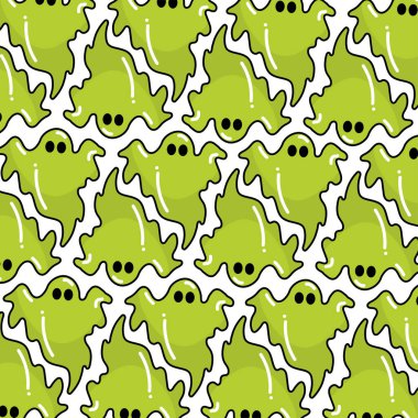 Seamless pattern featuring green slime ghosts in a playful cartoon style, Vector illustration clipart